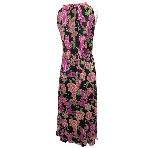 Vintage 60s/70s Black Butterfly Floral Printed Maxi Dress Medium - Picture 3 of 5